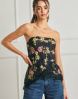 Floral Asymmetrical Lace Hem Tube Top: BLACK