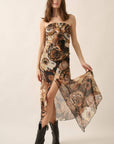 Floral Chiffon Strapless Ruffled Maxi Dress: BLACK