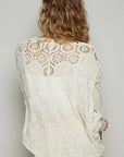 V-neck crochet woven roomy fit cardigan top: NATURAL