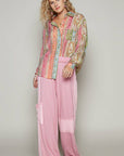 Long sleeve printed woven regular fit top: GREEN PINK MULTI