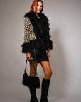 37178J Leopard Print Faux Fur Trim Coat: LEOPARD