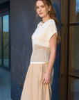 MULTI PATTERN COLORBLOCK SHORT SLEEVE SWEATER TOP: TAUPE MULTI