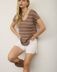 STRIPE V NECK CUFFED SHORT SLEEVE KNIT TOP: CREAM