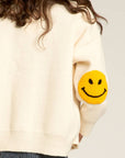 Sweater Cardigan with Happy Face Elbow Patches: IVORY YELLOW