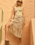 Crochet Knit Fringe-Hem Midi Tank Dress: NATURAL