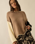 Textured Colorblock Knit Rolled-Edge Sweater: Taupe-Black
