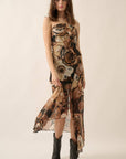 Floral Chiffon Strapless Ruffled Maxi Dress: BLACK