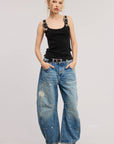 Western Silver Belt Trim Washed Tank Top: BLACK
