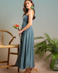 SHIRRED SLEEVELESS MIDI DRESS : LIGHT TEAL