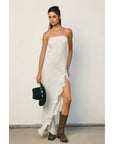 Seafoam Whisper Strapless Ruffled Maxi Dress: IVORY