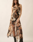 Floral Chiffon Strapless Ruffled Maxi Dress: BLACK