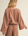 V-neck mocha blouse in gauze fabric with a dolman slv top