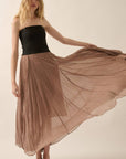 Colorblock Strapless Textured Chiffon Maxi Dress: BLACK-TAUPE
