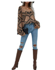 V NECK LOOSE FIT LONG SLEEVE SWEATER: CAMEL COMBO