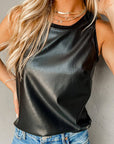 Black Faux Leather Crew Neck Tank Top: Black / 100%PU