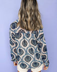 Blue Tribal Pattern Buttoned Front Loose Shirt: Blue / 100%Polyester