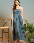 SHIRRED SLEEVELESS MIDI DRESS : LIGHT TEAL