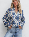 Blue Tribal Pattern Buttoned Front Loose Shirt: Blue / 100%Polyester