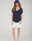 STRIPE V NECK CUFFED SHORT SLEEVE KNIT TOP: LIGHT KHAKI