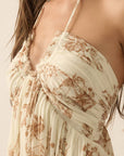 Floral-Print Crepe Tie-Back Halter Maxi Dress: TAUPE