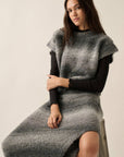 Striped Ombre Fuzzy-Knit Folded-Sleeve Sweater: Grey