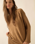 Textured Knit Ribbed-Sleeve Rolled-Edge Sweater: Taupe