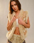 91718V Embroidered Suede Vest With Fur Trim: BEIGE