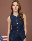 Sleeveless round-neck denim vest with functional buttons