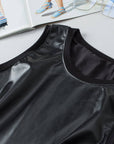 Black Faux Leather Crew Neck Tank Top: Black / 100%PU