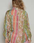 Long sleeve printed woven regular fit top: GREEN PINK MULTI