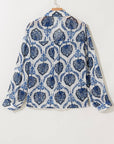 Blue Tribal Pattern Buttoned Front Loose Shirt: Blue / 100%Polyester