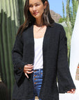 OPEN BRAID SLEEVE DETAIL COZY CARDIGAN SWEATER: BLACK