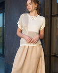 MULTI PATTERN COLORBLOCK SHORT SLEEVE SWEATER TOP: TAUPE MULTI