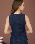 Sleeveless round-neck denim vest with functional buttons