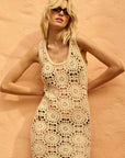 Crochet Knit Fringe-Hem Midi Tank Dress: NATURAL
