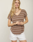STRIPE V NECK CUFFED SHORT SLEEVE KNIT TOP: CREAM