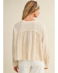 LACE TRIMMED BUTTON-DOWN SHIRT/OATMEAL