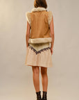91718V Embroidered Suede Vest With Fur Trim: BEIGE