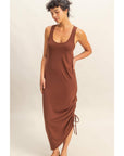 Scoop Neck Side Tie Detail Midi Dress: CHESTNUT