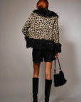 37178J Leopard Print Faux Fur Trim Coat: LEOPARD