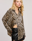 COLLARED LEOPARD SATIN BUTTON-DOWN LONG SLEEVE BLOUSE