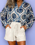 Blue Tribal Pattern Buttoned Front Loose Shirt: Blue / 100%Polyester