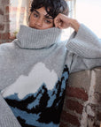 Mountains Fuzzy Jacquard-Knit Turtleneck Sweater: Heather Grey-Black