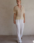 Knit Polyester Cotton Sweater Ribbed Shirt Top: Natural
