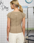 RAGLAN EXPOSED SEAM SHORT SLEEVE KNIT TOP: LIGHT OLIVE