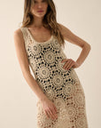 Crochet Knit Fringe-Hem Midi Tank Dress: NATURAL