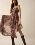 Floral Chiffon Asymmetrical Ruffled Maxi Dress: BLACK