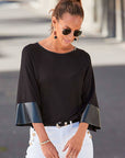 LASCANA Women's Dolman Sleeve Leather Trim Top: Black