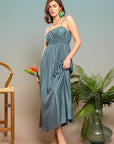 SHIRRED SLEEVELESS MIDI DRESS : LIGHT TEAL