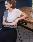 MULTI PATTERN COLORBLOCK SHORT SLEEVE SWEATER TOP: BLACK MULTI